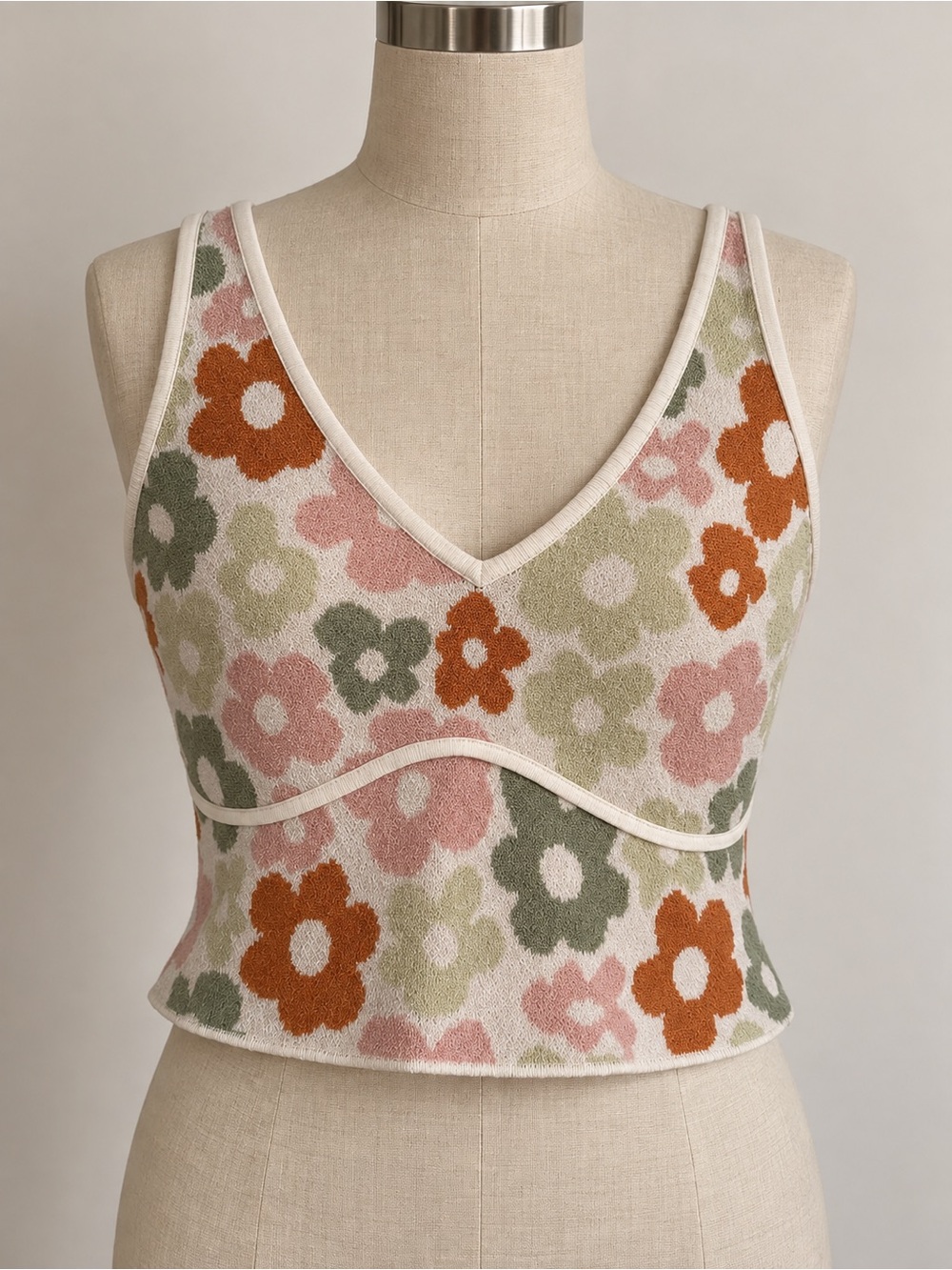 Retro 70s inspired Floral Terry Knit Crop Tank Top